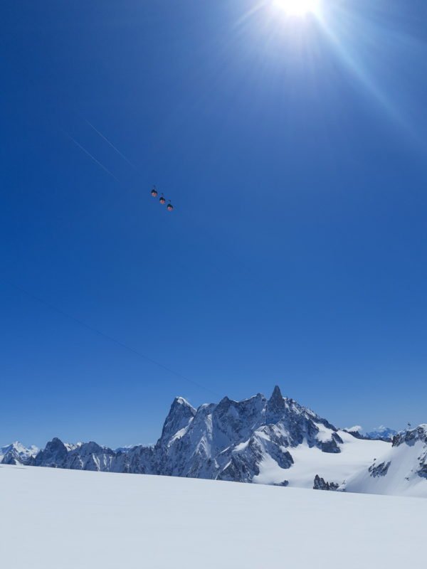 The Vallée Blanche Cable Car (or Panoramic Mont-Blanc), linking peaks of Aiguille du Midi and Pointe Helbronner by passing over the Mont Blanc massif.