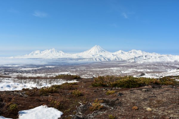 Volcanoes of Kamchatka in mid-May. Photographed during expedition to Zhupanovsky volcano.