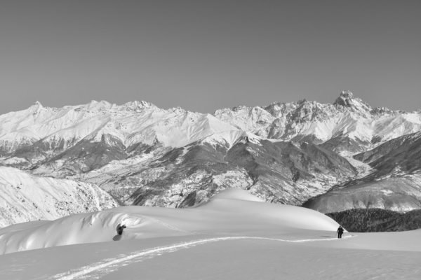 Skitouring in Upper Svaneti. On the background - Elbrus and Ushba mountains. 