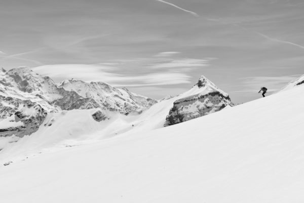 Backcountry of Flain ski area, with a view on south-western part of Mont Blanc massif.